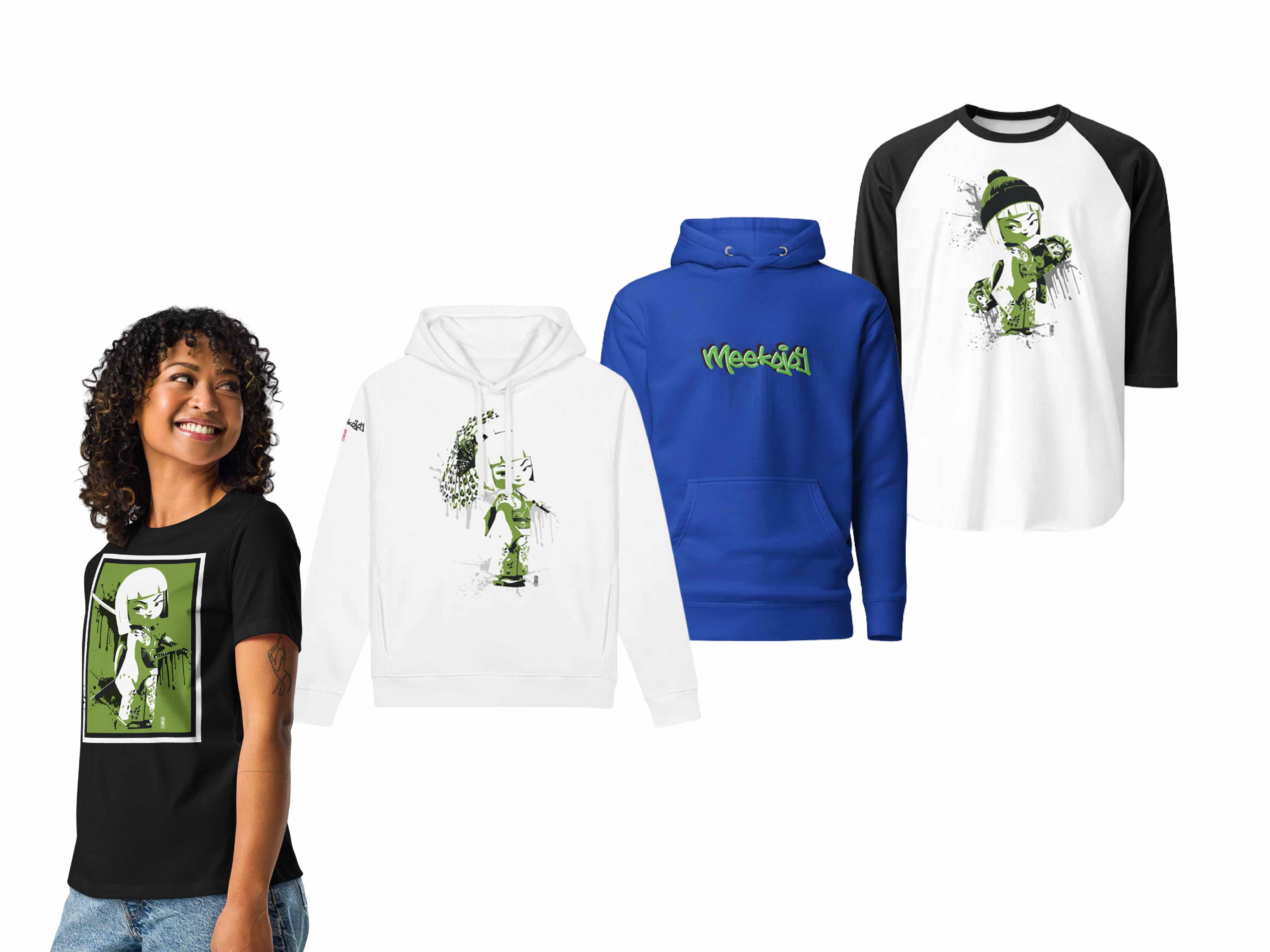 MeekoJoy hoodies and tees laid out together, showing the graffiti wordmark and kokeshi doll graphics